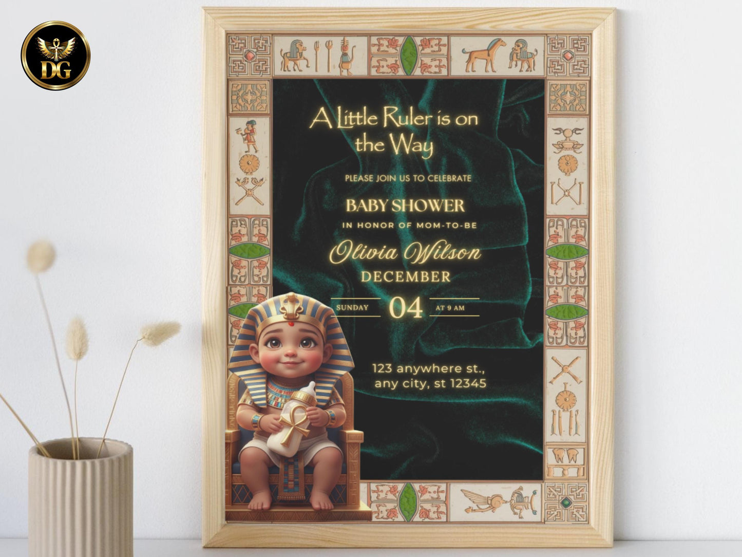 A Little Ruler Baby Shower | Royal Egyptian Pharaoh Invitation Suite, Emerald velvet Gold Theme, Digital & Printable"