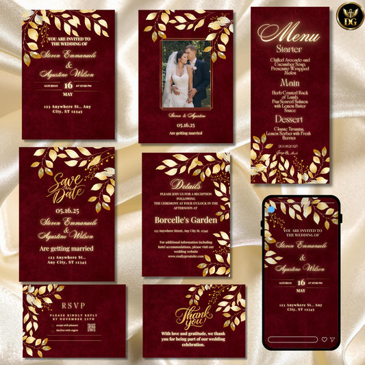 Burgundy Maroon Velvet, Gold Leaf Wedding Invitation Suite 8-Piece Canva Template Bundle | Luxury Digital & Printable Wedding Stationery Set