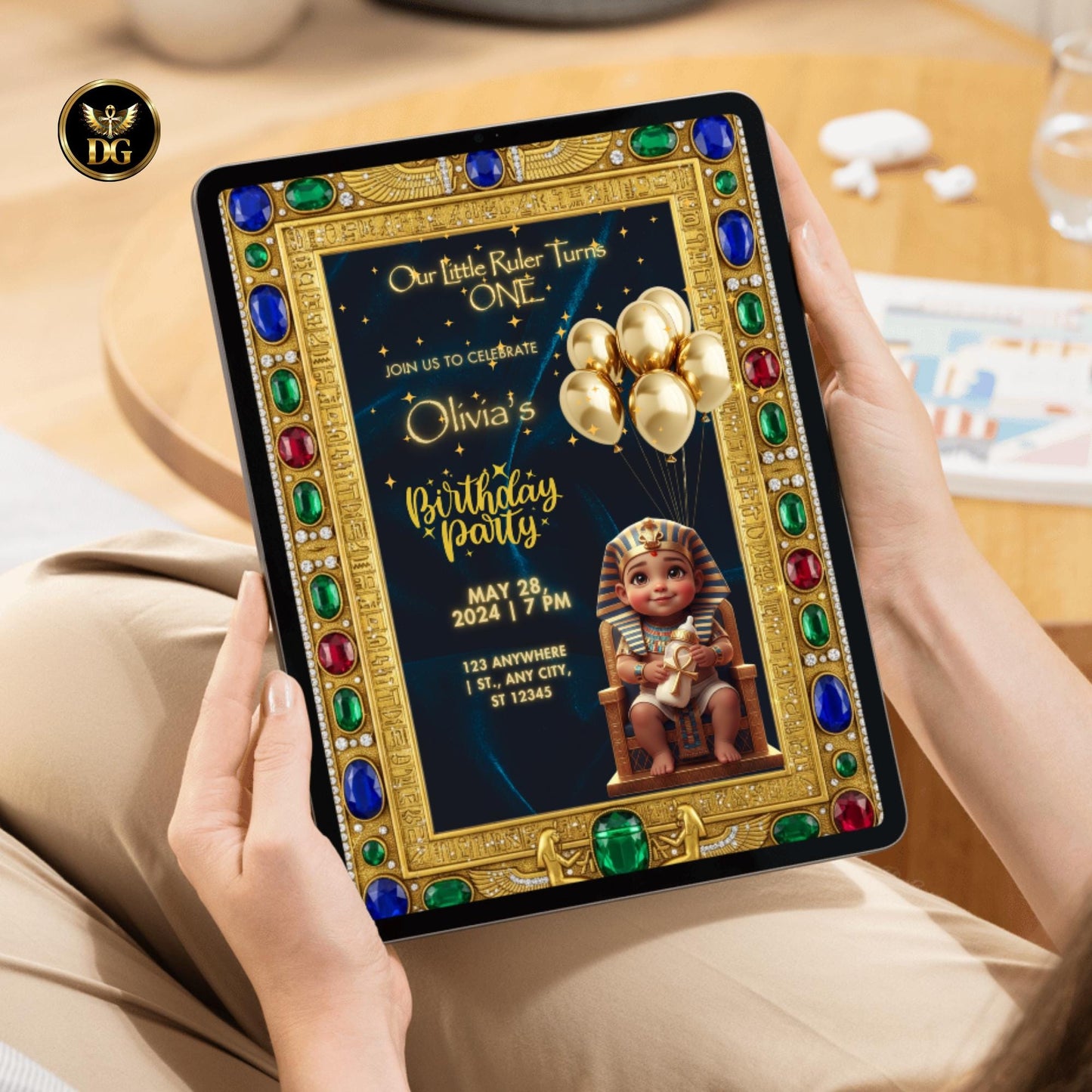 Our Little Ruler Turns ONE Royal Egyptian First Birthday Invitation, Editable Canva Template, Pharaoh Baby Party, Navy Gold Digital Invite