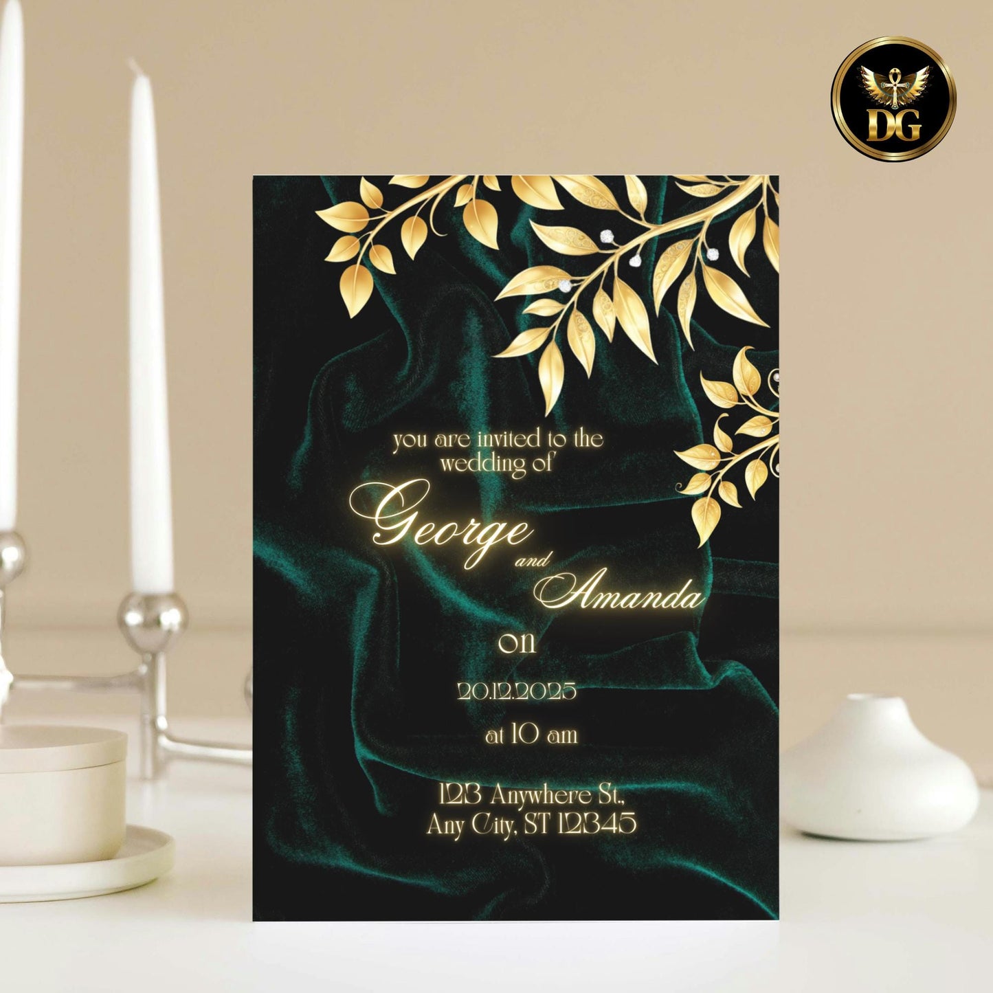 Emerald Velvet Gold Diamond Wedding Invitation Suite | Luxury Royal Bandal-Inspired Canva Templates for Elegant, Timeless & Opulent Weddings