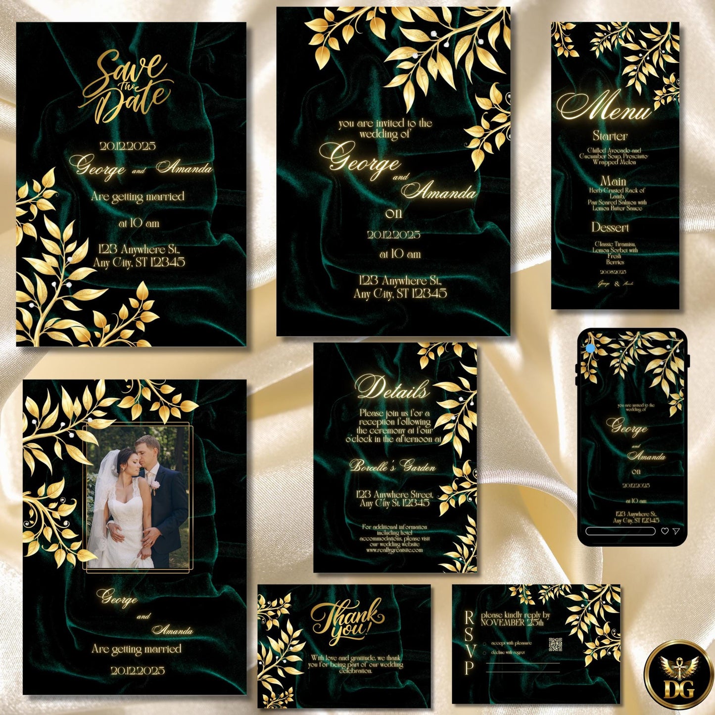 Emerald Velvet Gold Diamond Wedding Invitation Suite | Luxury Royal Bandal-Inspired Canva Templates for Elegant, Timeless & Opulent Weddings