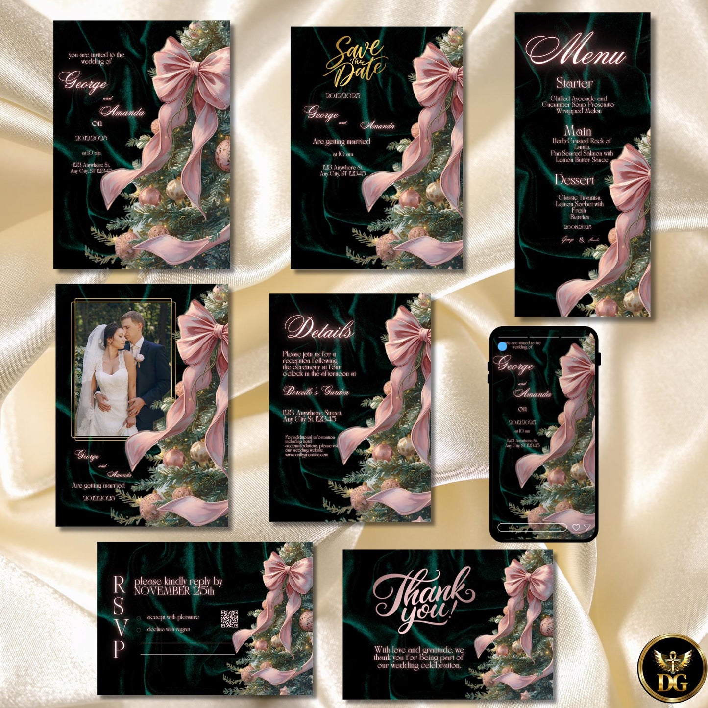 Emerald Velvet Winter Wedding Invitation - Luxe Christmas Tree, Pink Ornaments big bow on Royal Emerald Velvet - Pure Holiday Magic!