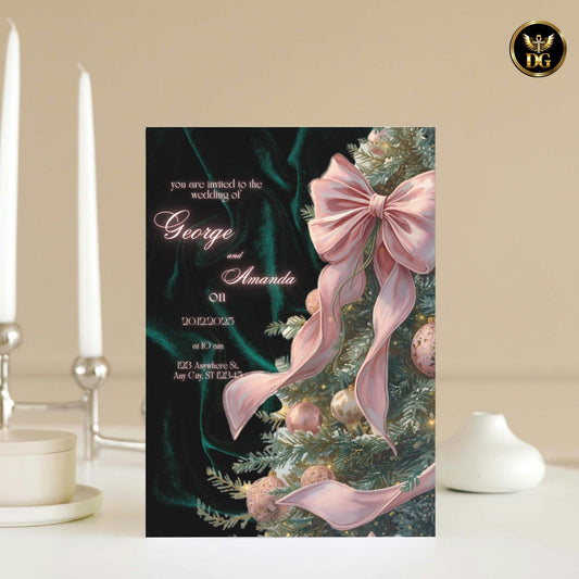 Emerald Velvet Winter Wedding Invitation - Luxe Christmas Tree, Pink Ornaments big bow on Royal Emerald Velvet - Pure Holiday Magic!