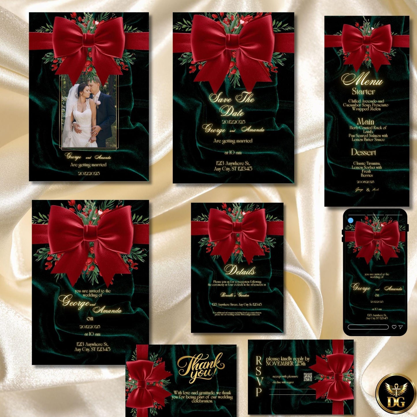 Emerald Velvet Winter Wedding Invitation Luxurious Christmas Berries & Red Satin Ribbon Canva Template – Royal Holiday Elegance!