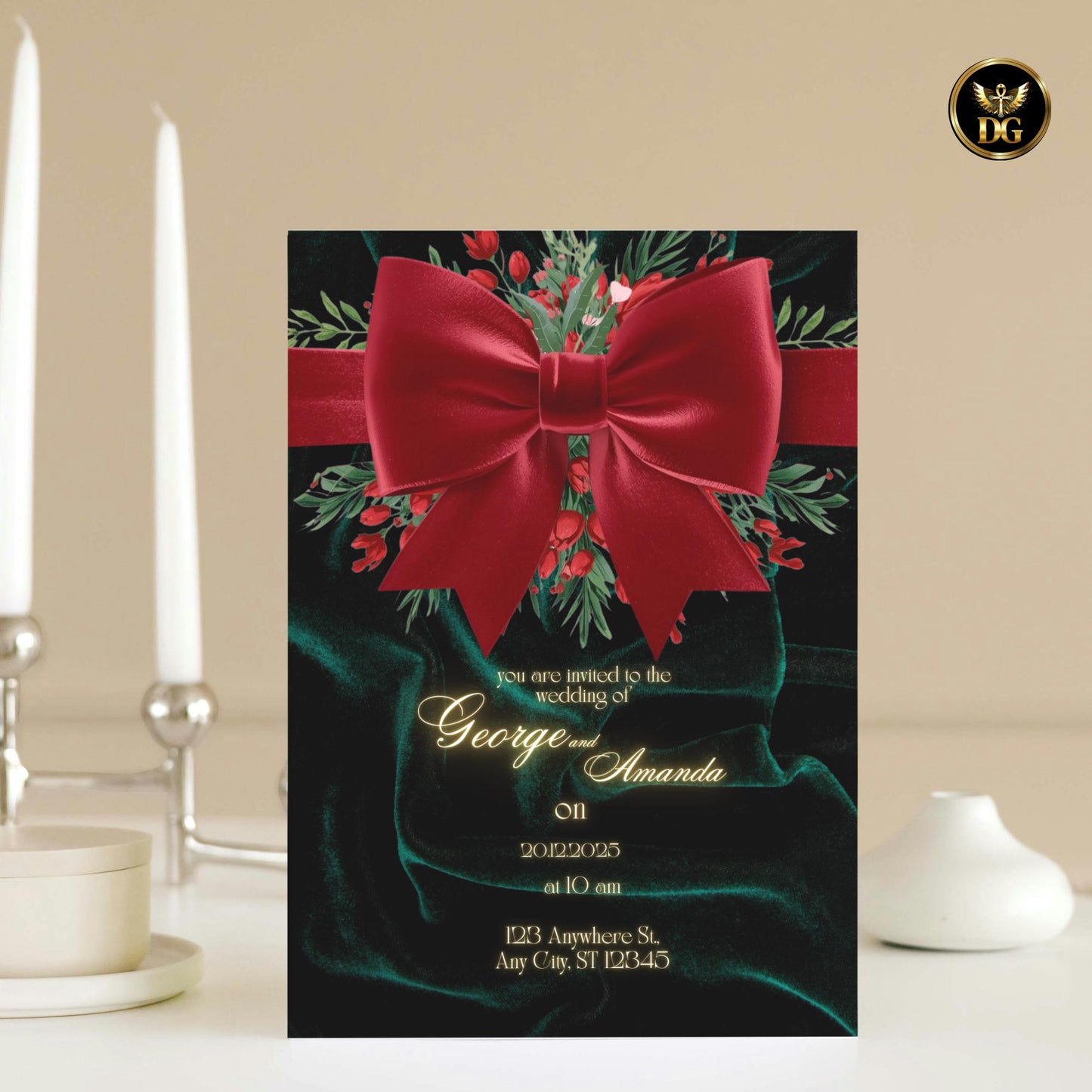 Emerald Velvet Winter Wedding Invitation Luxurious Christmas Berries & Red Satin Ribbon Canva Template – Royal Holiday Elegance!
