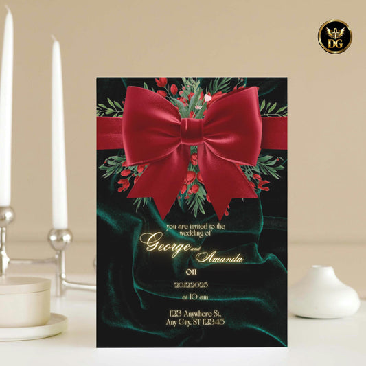 Emerald Velvet Winter Wedding Invitation Luxurious Christmas Berries & Red Satin Ribbon Canva Template – Royal Holiday Elegance!