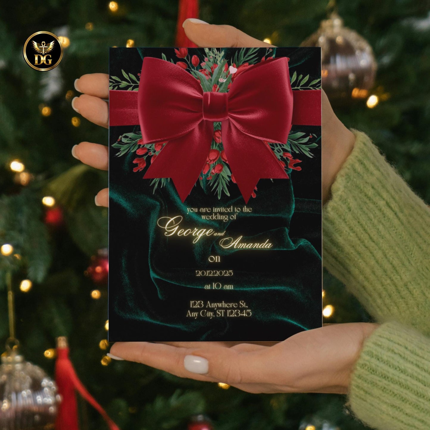 Emerald Velvet Winter Wedding Invitation Luxurious Christmas Berries & Red Satin Ribbon Canva Template – Royal Holiday Elegance!