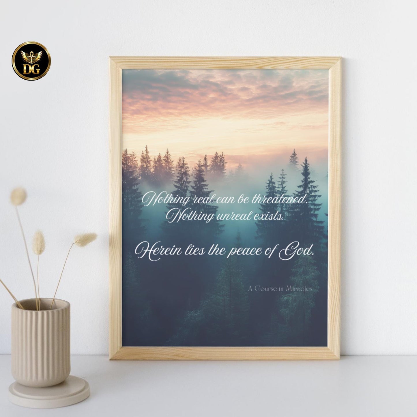 A Course in Miracles Quote Print | 5 Sizes | Nothing Real Can Be Threatened | Spiritual Wall Art Misty Forest Sunset Poster Digital Download