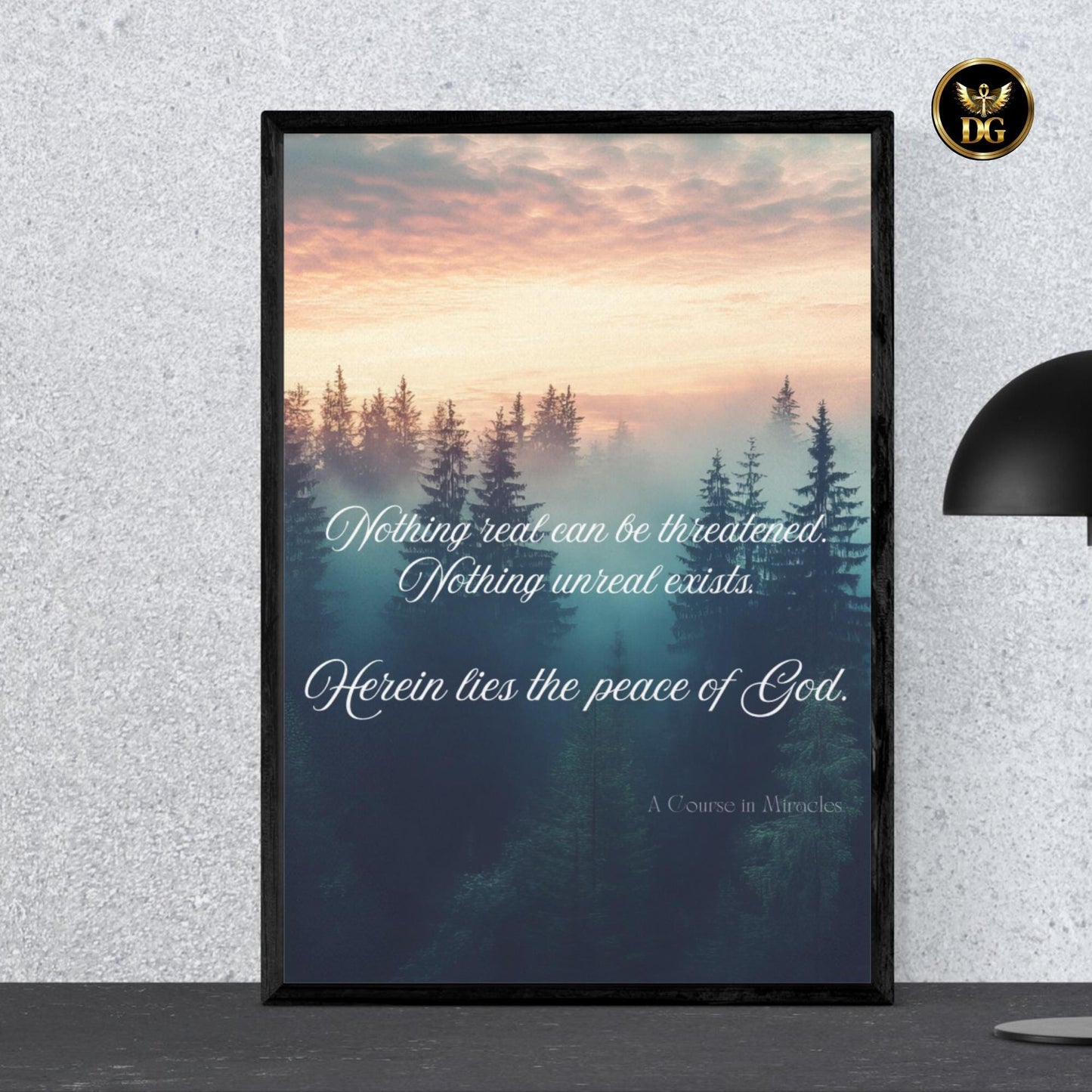 A Course in Miracles Quote Print | 5 Sizes | Nothing Real Can Be Threatened | Spiritual Wall Art Misty Forest Sunset Poster Digital Download