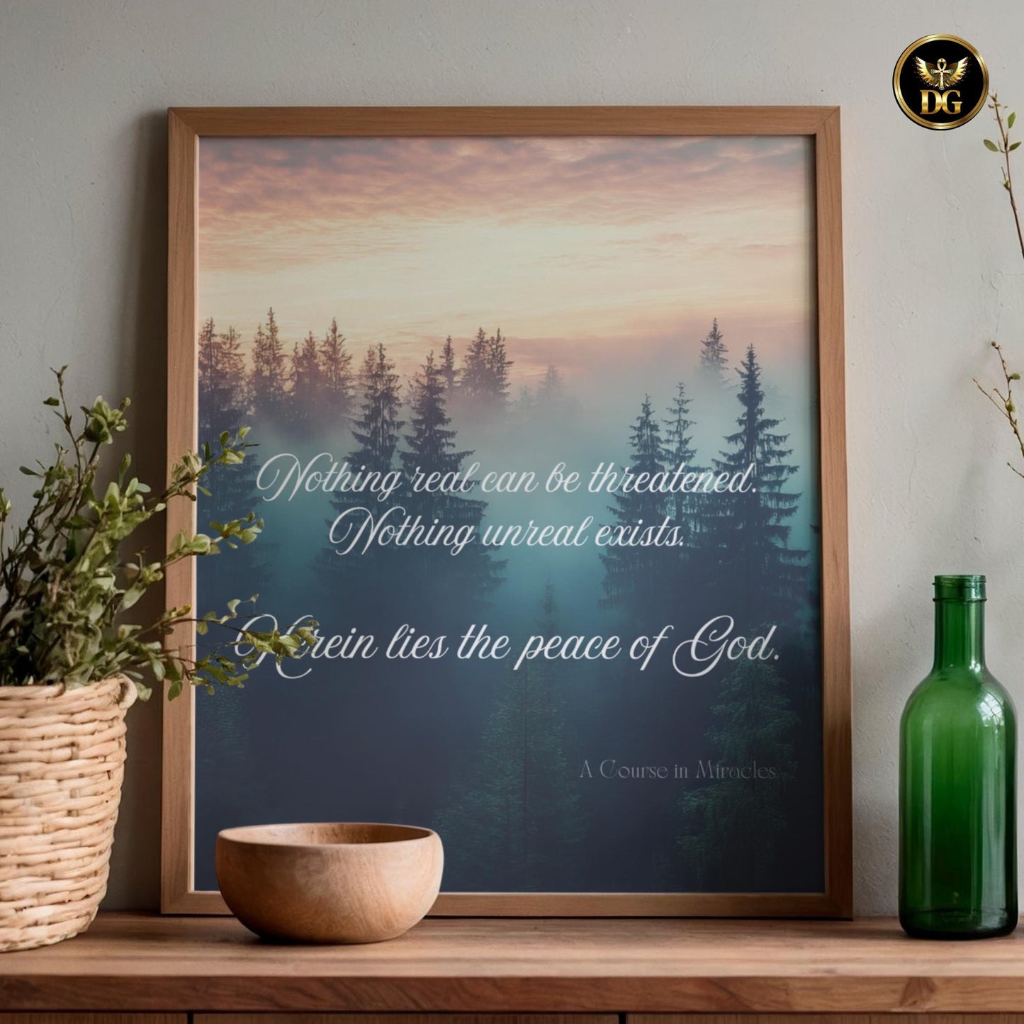 A Course in Miracles Quote Print | 5 Sizes | Nothing Real Can Be Threatened | Spiritual Wall Art Misty Forest Sunset Poster Digital Download