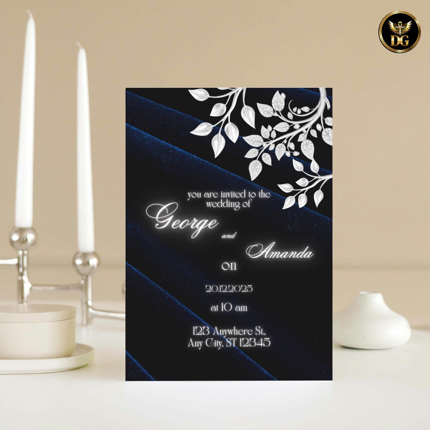 Navy Royal Velvet & White-Gold Diamond Wedding Suite | Luxury Canva Templates for Elegant Royal-Themed Weddings Premium Invitations