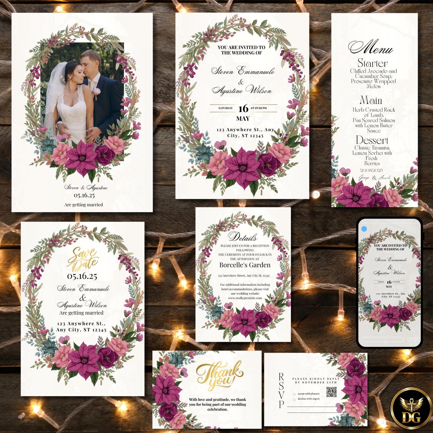 Purple Poinsettia Christmas Wedding Invitation Bundle | Gold Cream Winter Wedding Stationery | Christmas Wreath Design
