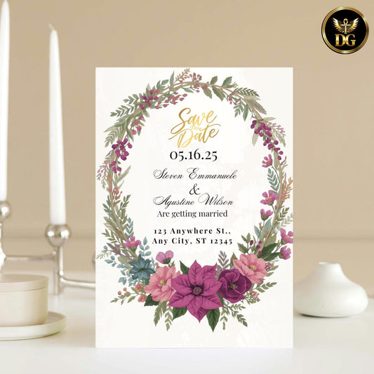 Purple Poinsettia Christmas Wedding Invitation Bundle | Gold Cream Winter Wedding Stationery | Christmas Wreath Design