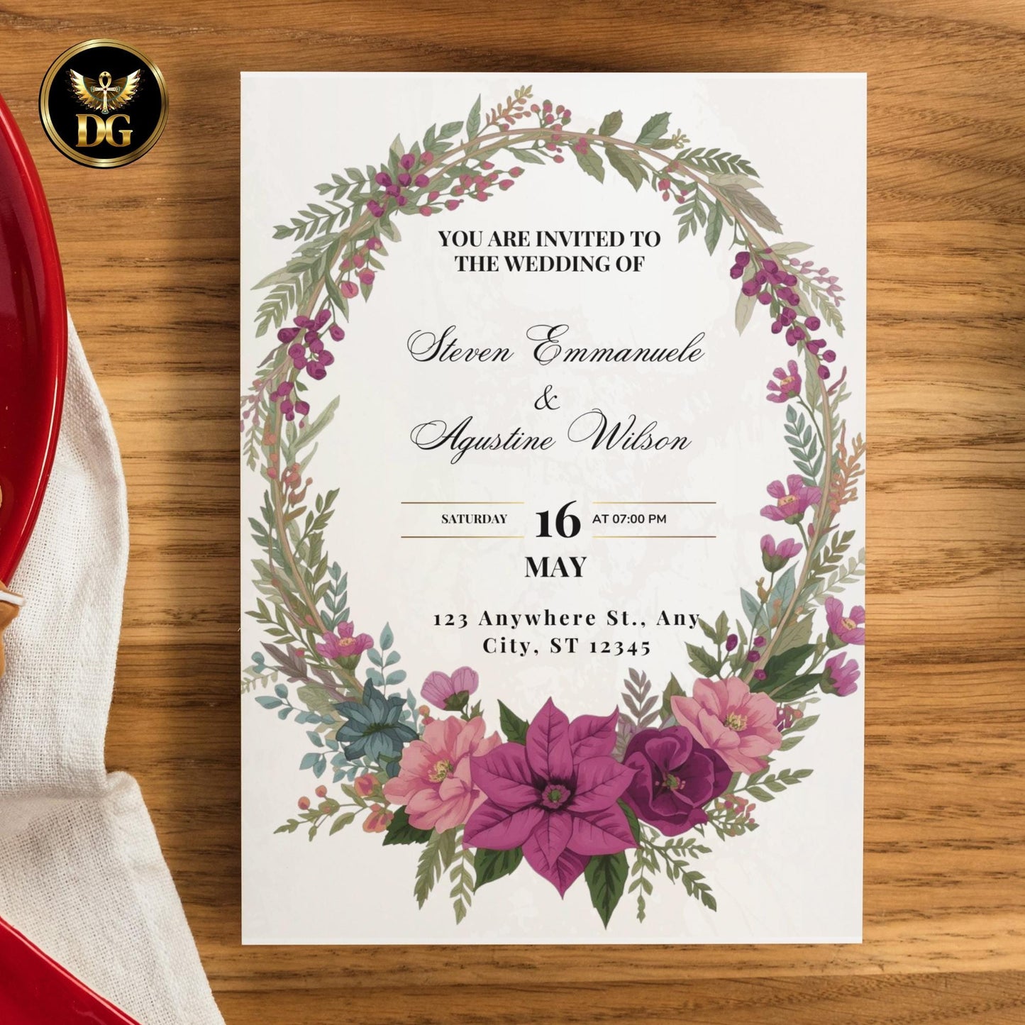 Purple Poinsettia Christmas Wedding Invitation Bundle | Gold Cream Winter Wedding Stationery | Christmas Wreath Design
