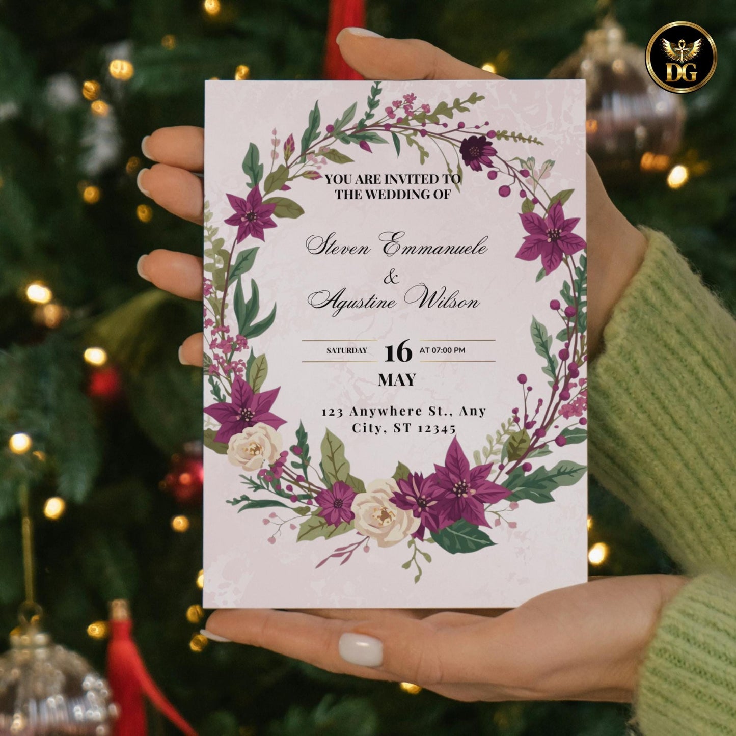 Purple Poinsettia Christmas Wreath Wedding Invitation Bundle | Pastel Pink Winter Wedding Stationery | Holiday Floral Design