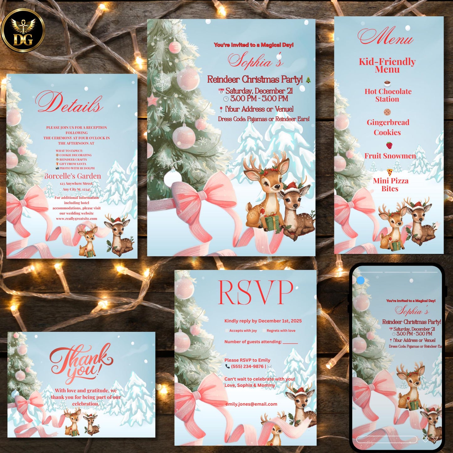Kids Christmas Party Invitation Editable Canva Template Winter Wonderland Pink Tassel Baby Reindeer Holiday Party Printable Instant Download