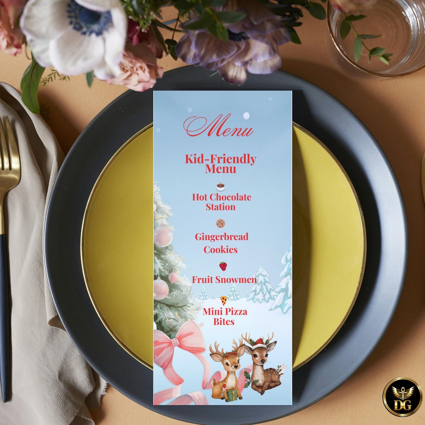 Kids Christmas Party Invitation Editable Canva Template Winter Wonderland Pink Tassel Baby Reindeer Holiday Party Printable Instant Download