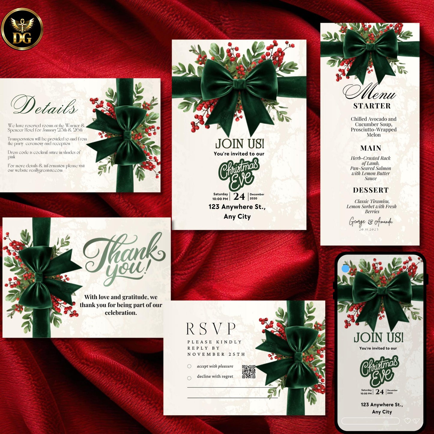 Christmas Eve Party Invitation Template Set, Elegant Green Bow & Gold Holiday Invite, Digital Download, Menu, RSVP, Thank You, Details Card