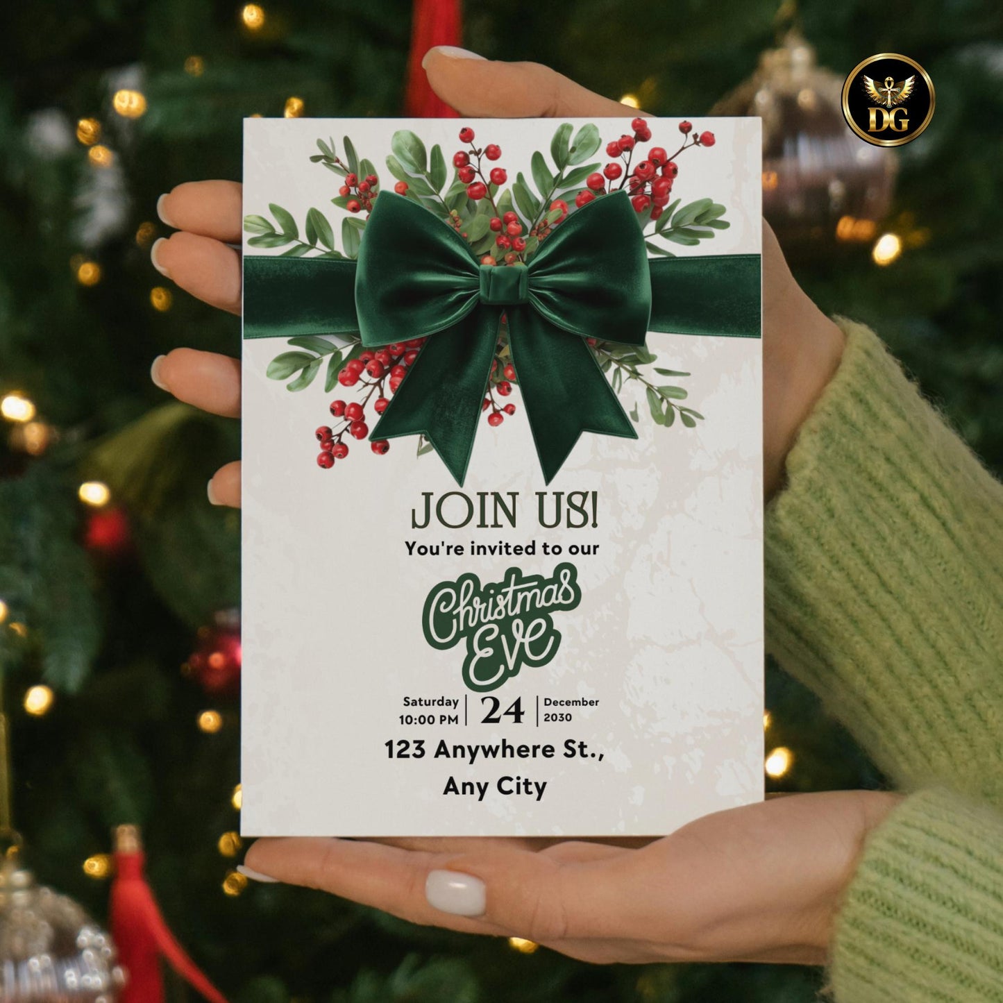 Christmas Eve Party Invitation Template Set, Elegant Green Bow & Gold Holiday Invite, Digital Download, Menu, RSVP, Thank You, Details Card