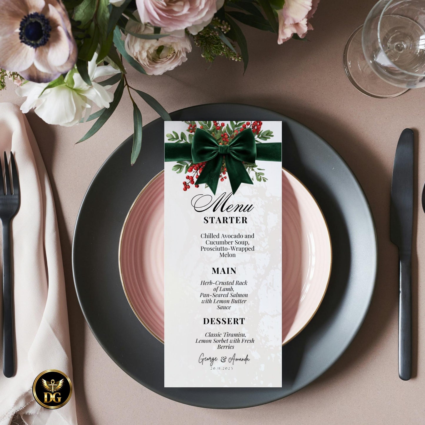 Christmas Eve Party Invitation Template Set, Elegant Green Bow & Gold Holiday Invite, Digital Download, Menu, RSVP, Thank You, Details Card