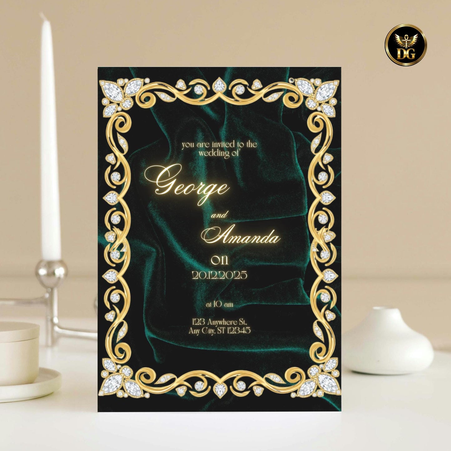 Emerald Gold & Diamond Luxury Wedding Invitation | Elegant Bandal-Inspired Canva Template | Royal Green Velvet Design