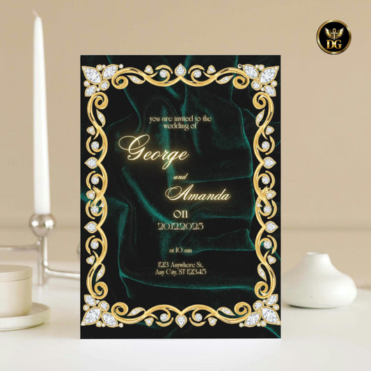 Emerald Gold & Diamond Luxury Wedding Invitation | Elegant Bandal-Inspired Canva Template | Royal Green Velvet Design