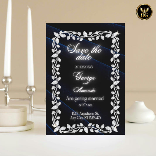 Navy Velvet & White Gold Diamond Wedding Invitation Suite | Luxury Bandal-Inspired Canva Template | Elegant Royal Printable Design