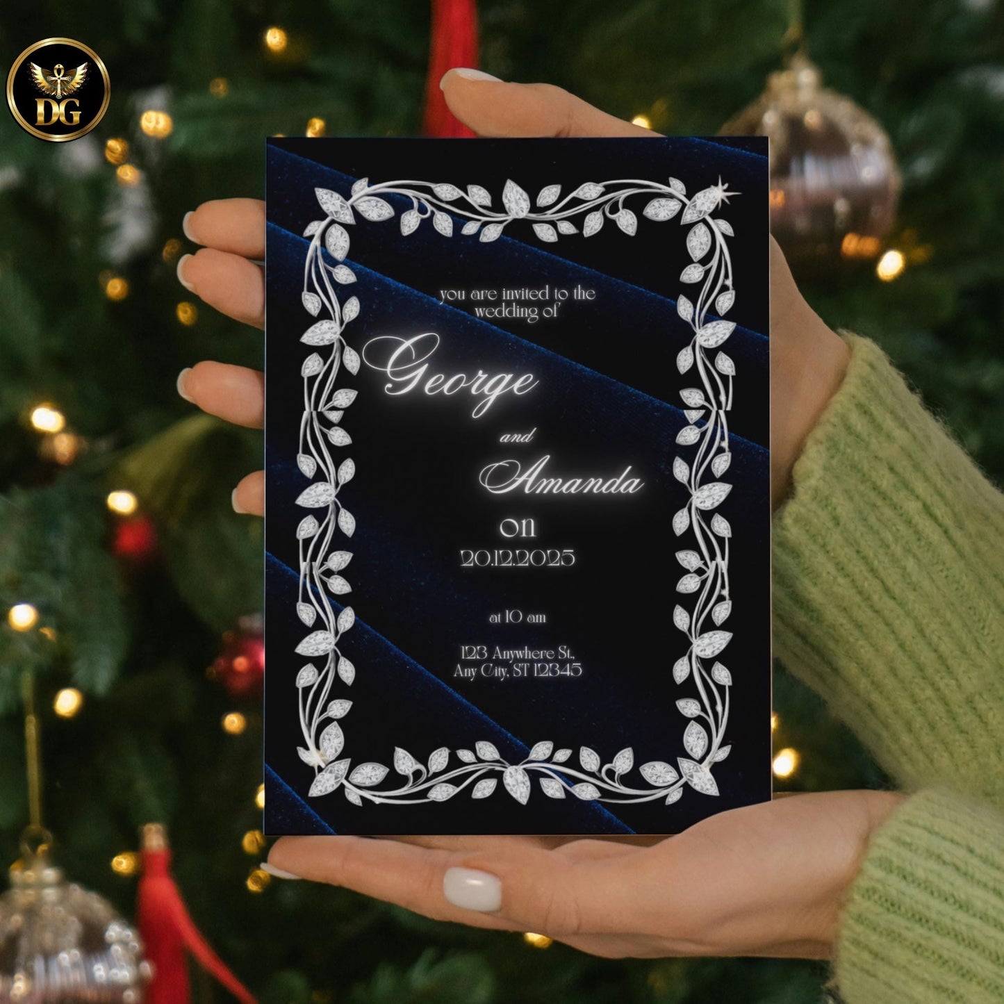 Navy Velvet & White Gold Diamond Wedding Invitation Suite | Luxury Bandal-Inspired Canva Template | Elegant Royal Printable Design