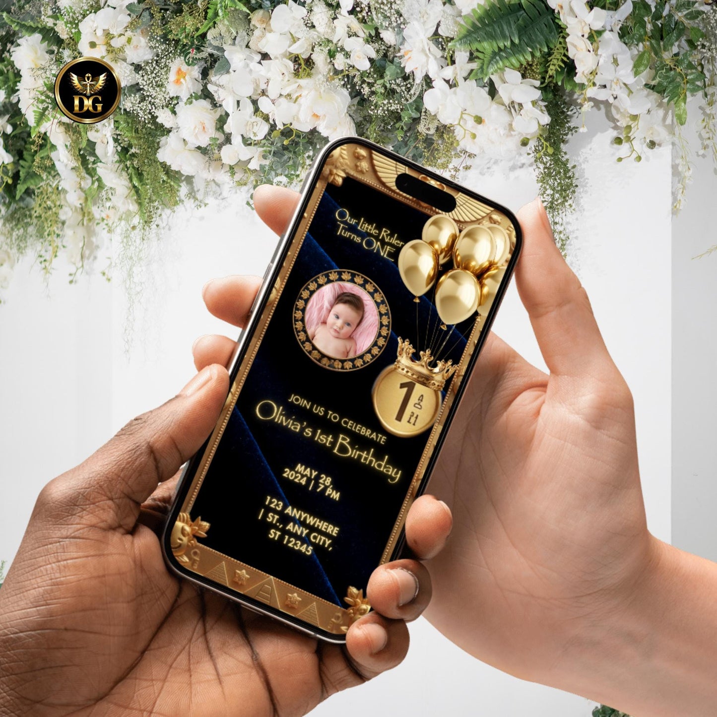 Our Little Ruler Turns ONE Royal Egyptian First Birthday Invitation Editable Canva Template Pharaoh 1st Birthday Photo Card Gold Navy