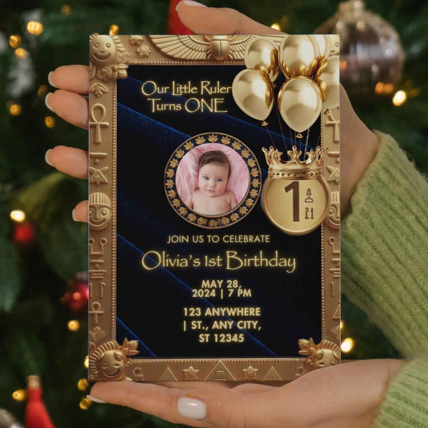 Our Little Ruler Turns ONE Royal Egyptian First Birthday Invitation Editable Canva Template Pharaoh 1st Birthday Photo Card Gold Navy