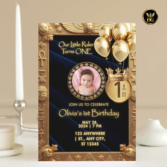 Our Little Ruler Turns ONE Royal Egyptian First Birthday Invitation Editable Canva Template Pharaoh 1st Birthday Photo Card Gold Navy