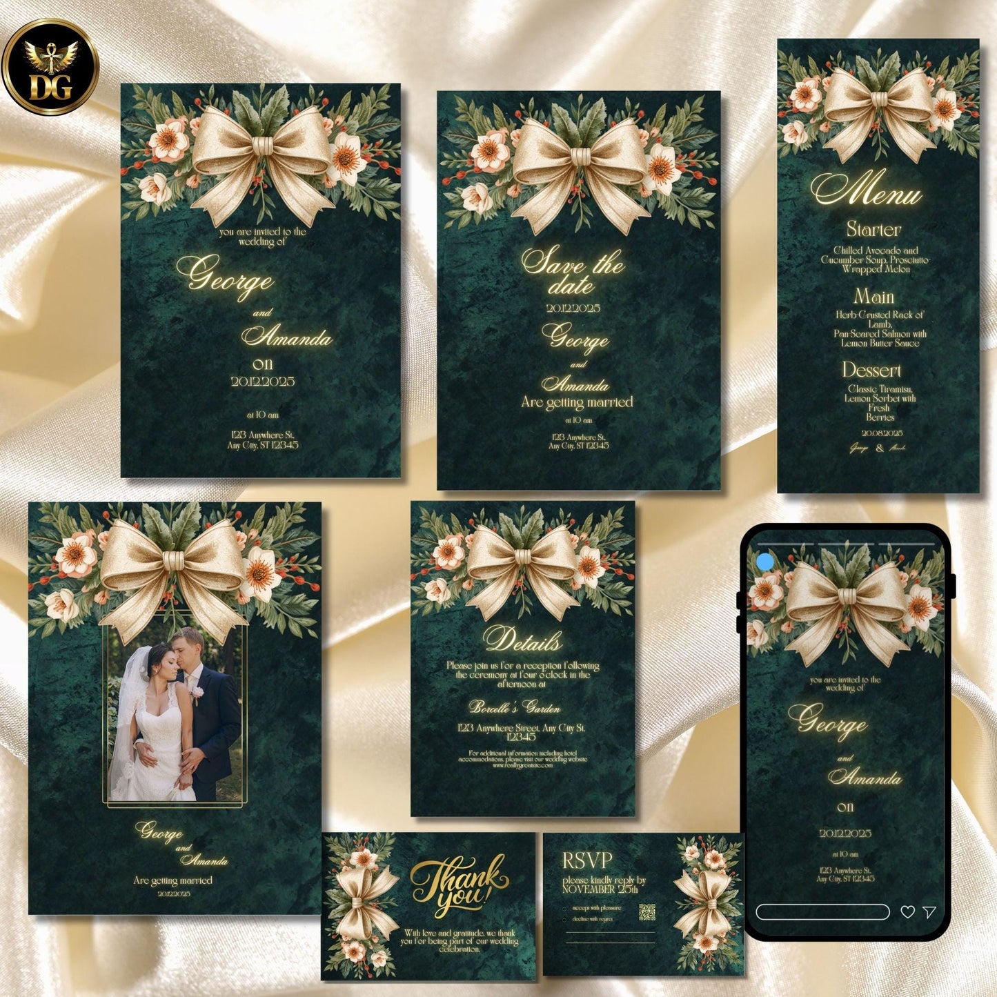 Emerald Green Velvet & Gold Bow Wedding Invitation Suite | Luxurious Editable 8-Piece Canva Template Set for Elegant Modern Weddings