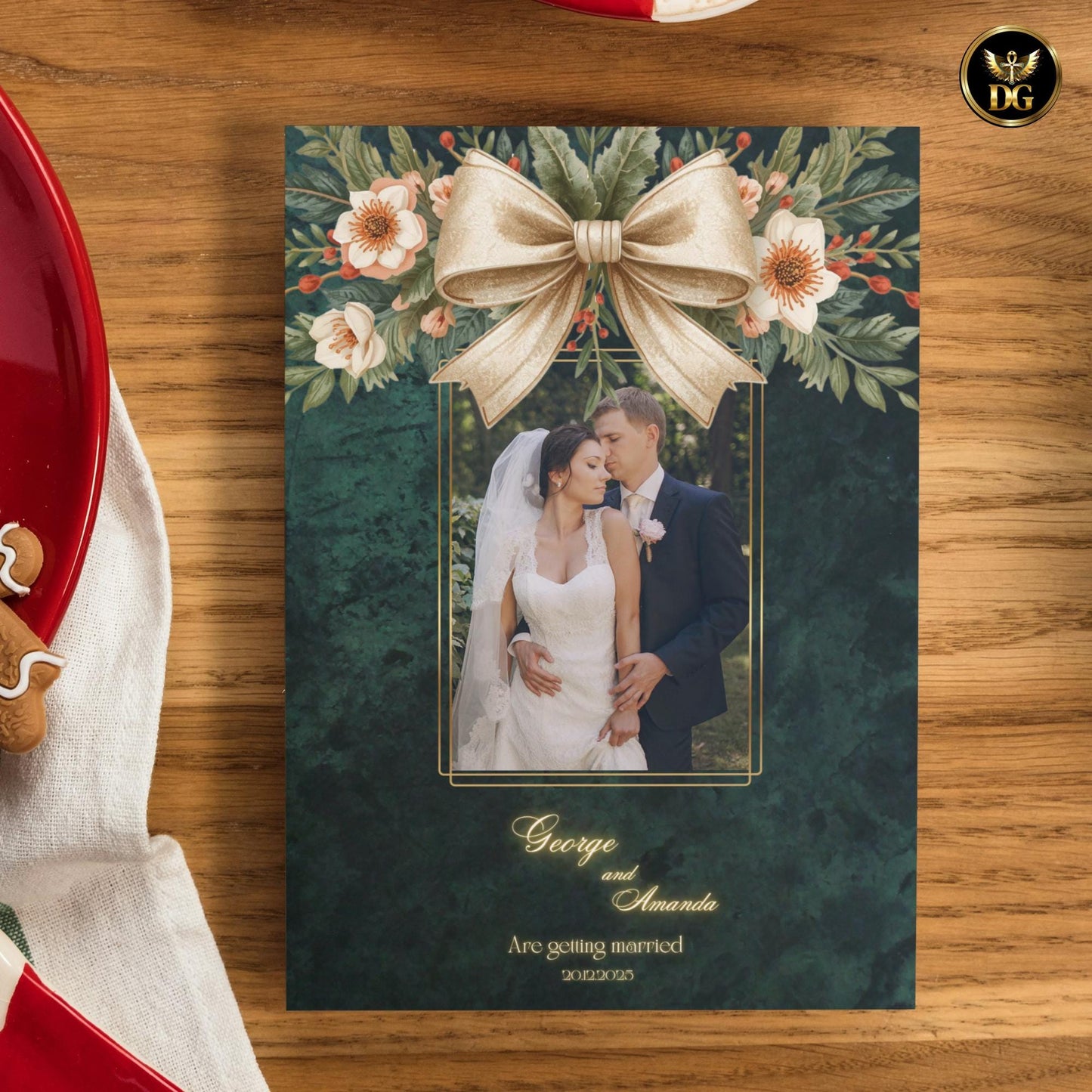 Emerald Green Velvet & Gold Bow Wedding Invitation Suite | Luxurious Editable 8-Piece Canva Template Set for Elegant Modern Weddings