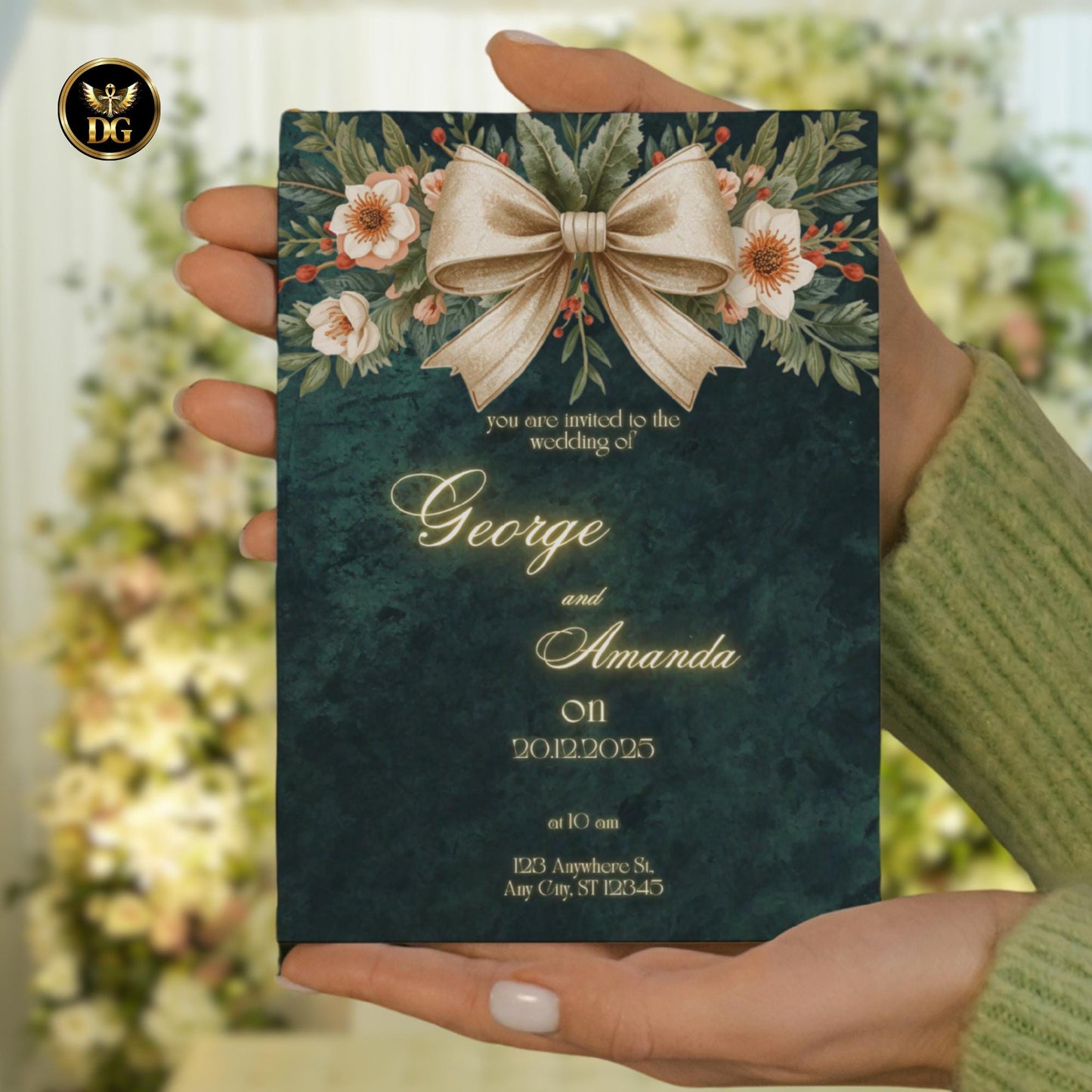 Emerald Green Velvet & Gold Bow Wedding Invitation Suite | Luxurious Editable 8-Piece Canva Template Set for Elegant Modern Weddings