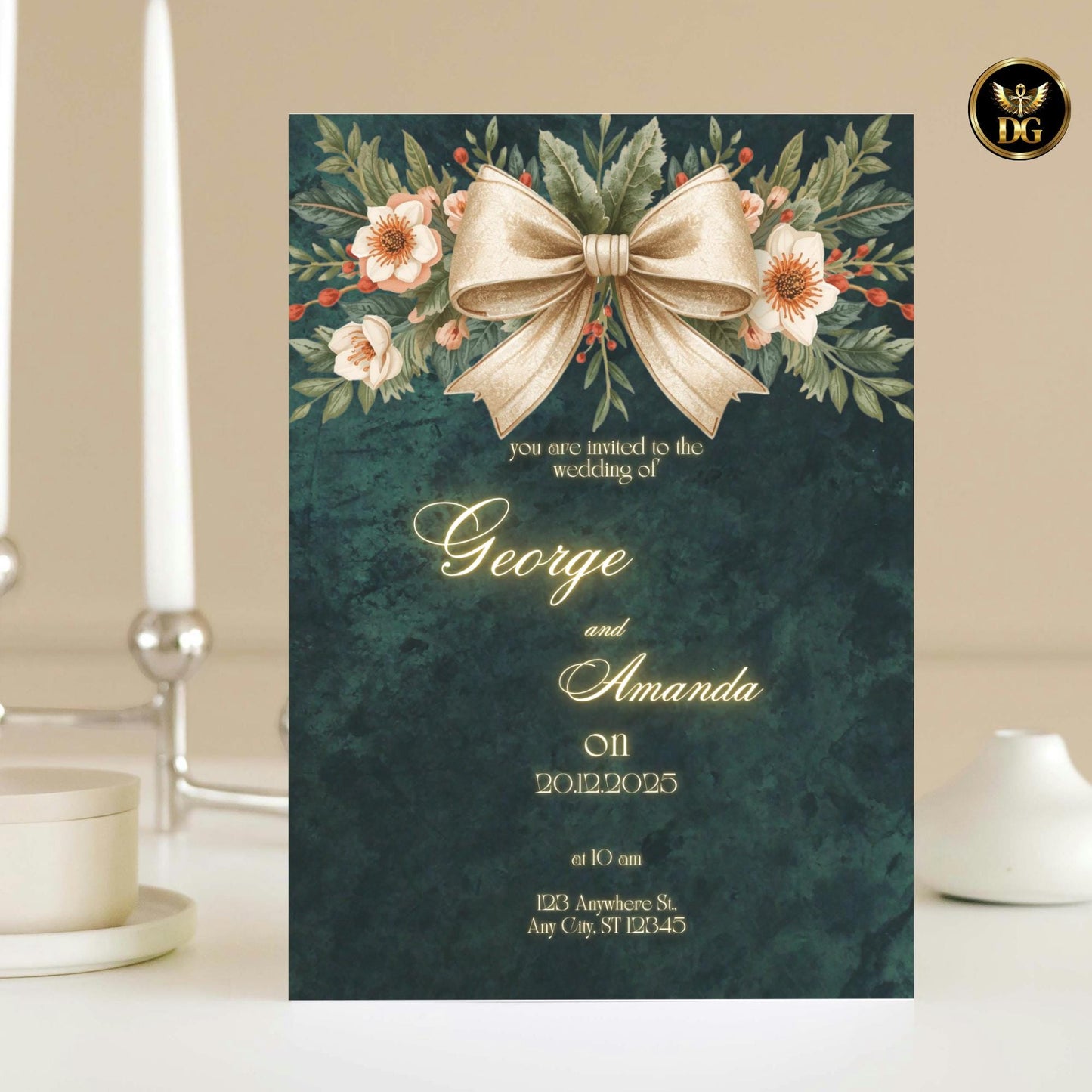 Emerald Green Velvet & Gold Bow Wedding Invitation Suite | Luxurious Editable 8-Piece Canva Template Set for Elegant Modern Weddings
