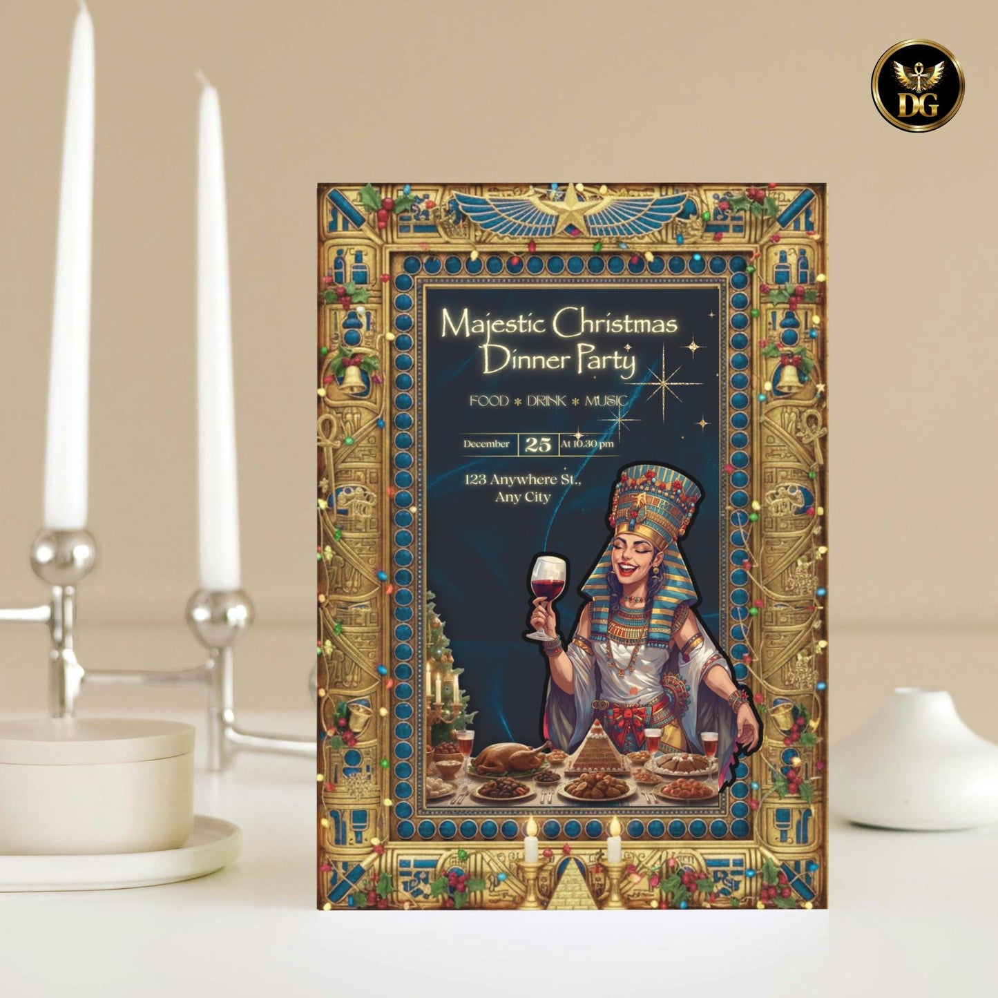 Egyptian Christmas Dinner Party Bundle | Pharaonic Golden Invitation Set | Royal Ancient Egypt Theme Canva Templates for Luxury Events"