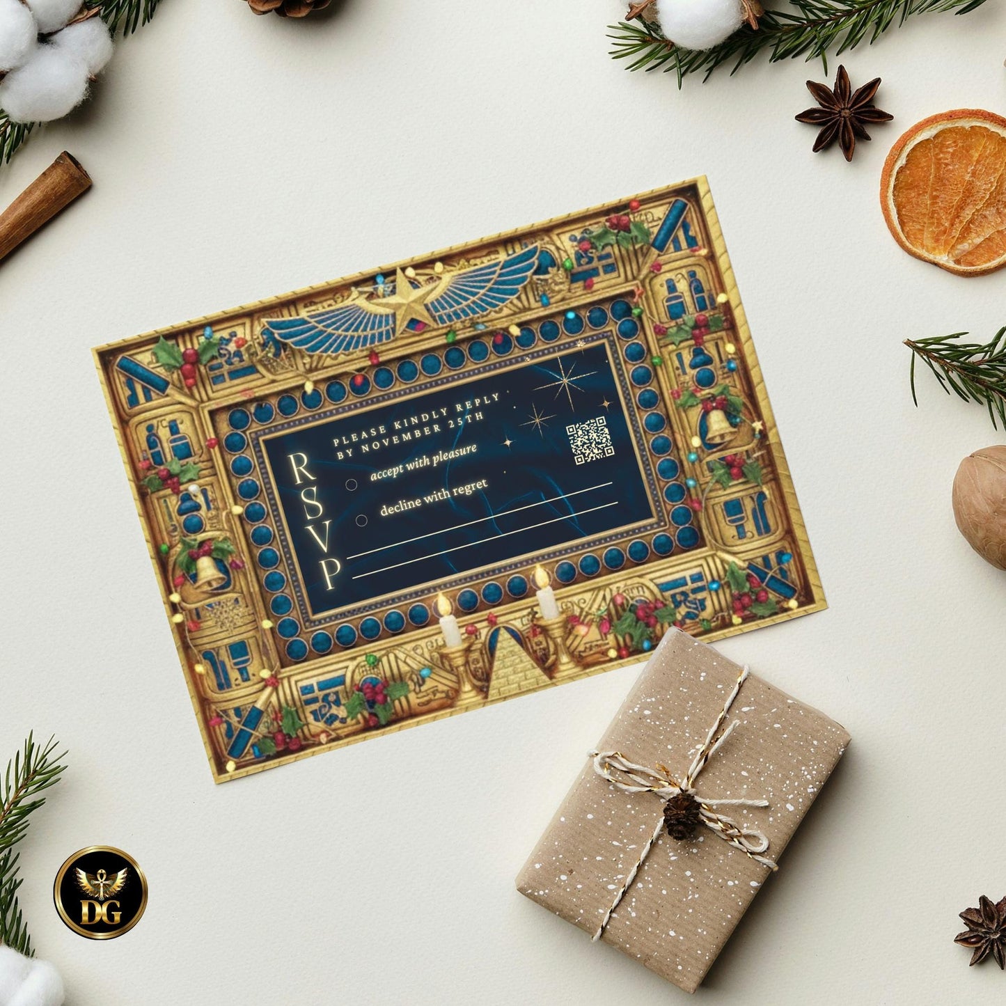Egyptian Christmas Dinner Party Bundle | Pharaonic Golden Invitation Set | Royal Ancient Egypt Theme Canva Templates for Luxury Events"