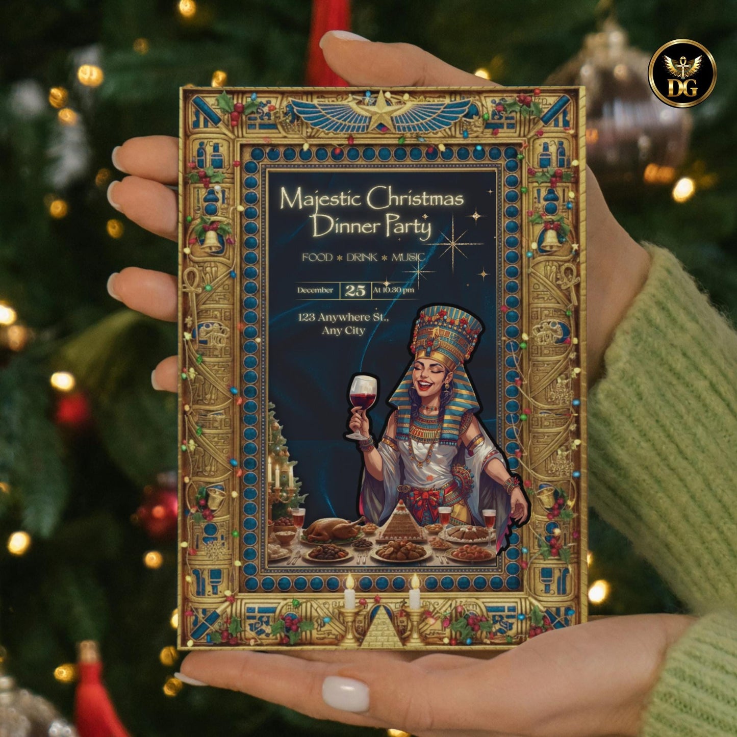 Egyptian Christmas Dinner Party Bundle | Pharaonic Golden Invitation Set | Royal Ancient Egypt Theme Canva Templates for Luxury Events"