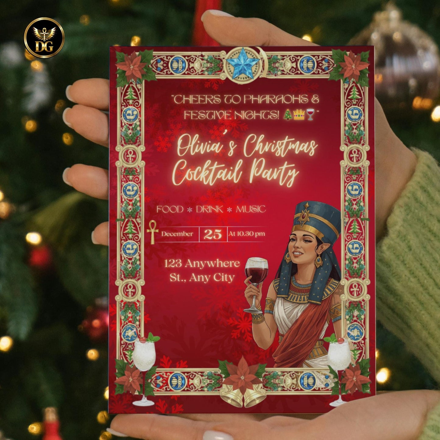 Pharaoh’s Christmas Cocktail Invitation | Luxury Red & Gold Egyptian Queen Holiday Soirée | Elegant Art-Deco Canva Template Bundle