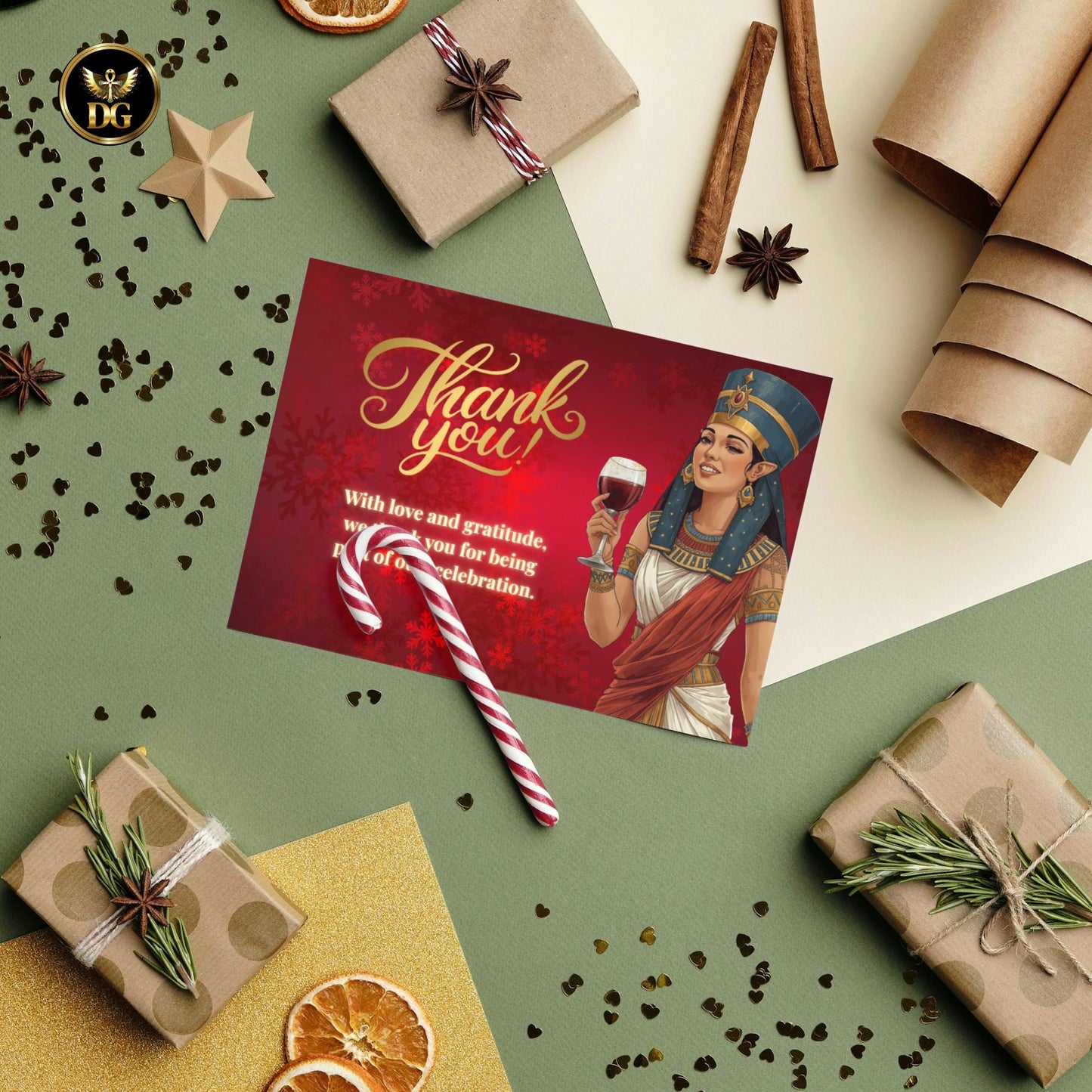 Pharaoh’s Christmas Cocktail Invitation | Luxury Red & Gold Egyptian Queen Holiday Soirée | Elegant Art-Deco Canva Template Bundle