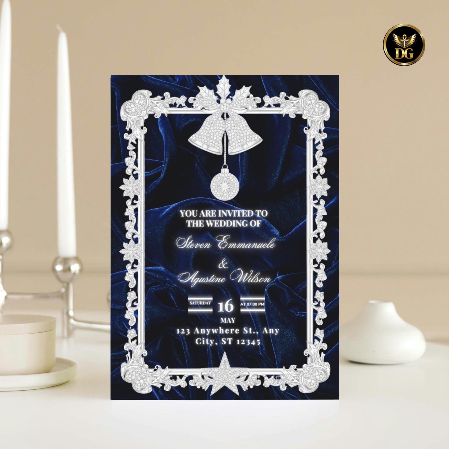 Navy Velvet Christmas wedding Invitation Bundle Canva 8 Cards
