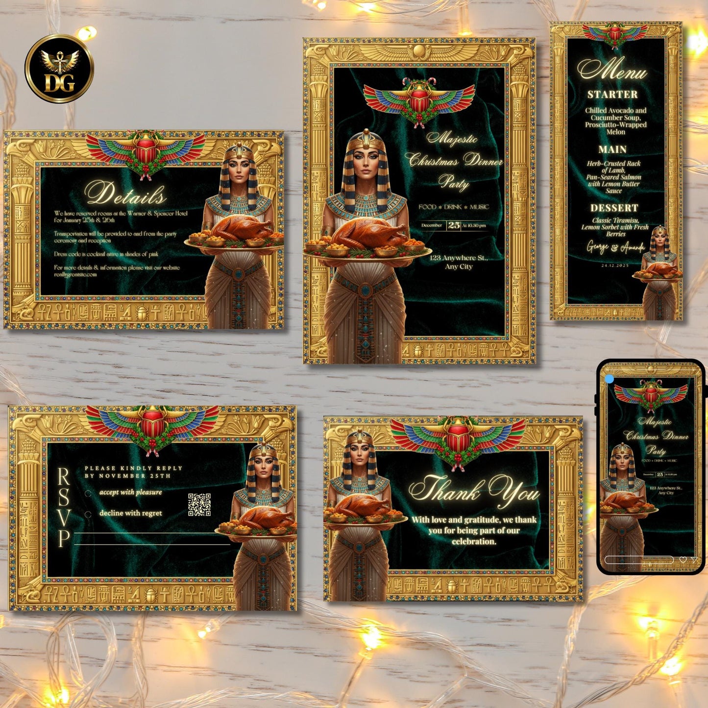 Emerald Pharaoh Christmas Bundle — Luxurious Egyptian Queen Feast | Gold Frame, Velvet Background, Royal Christmas Dinner Invitation Set