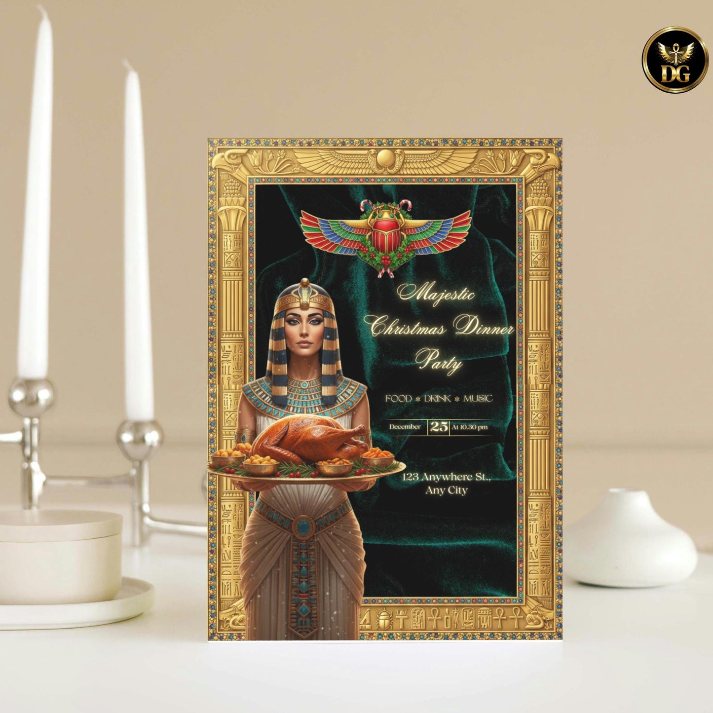 Emerald Pharaoh Christmas Bundle — Luxurious Egyptian Queen Feast | Gold Frame, Velvet Background, Royal Christmas Dinner Invitation Set