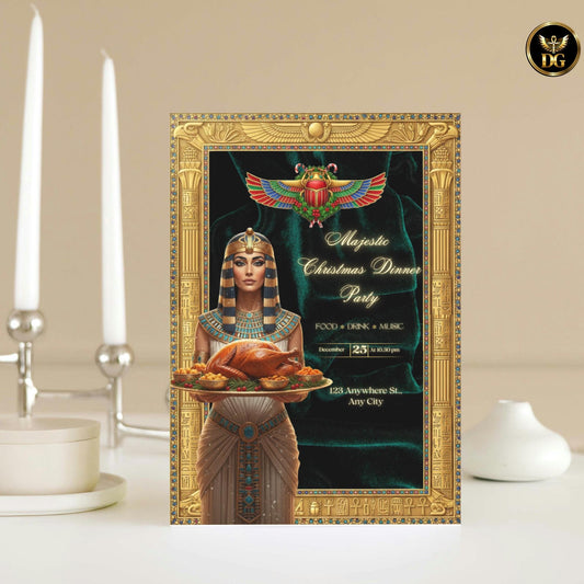 Emerald Pharaoh Christmas Bundle — Luxurious Egyptian Queen Feast | Gold Frame, Velvet Background, Royal Christmas Dinner Invitation Set