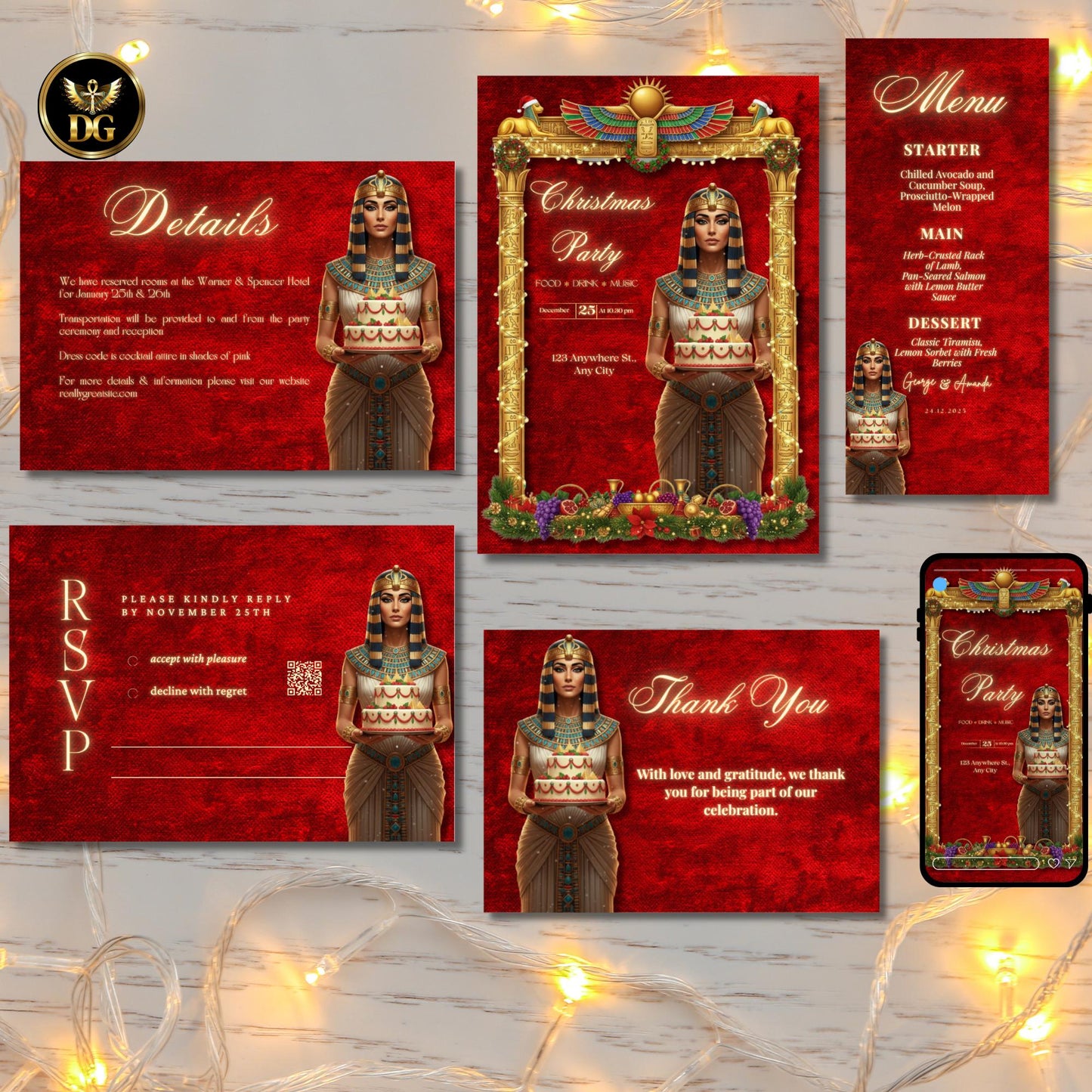 Red Velvet Pharaoh Christmas Party Bundle | Egyptian Queen Pyramid Cake | Gold Frame Holiday Invitation Set