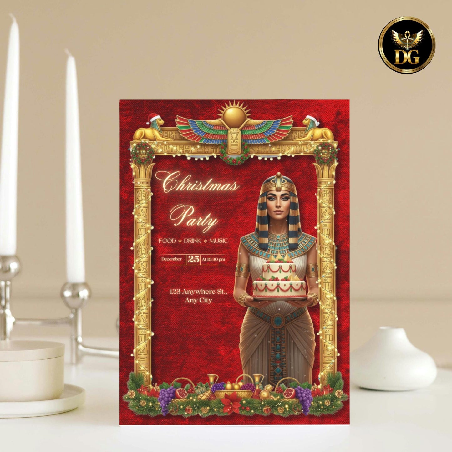 Red Velvet Pharaoh Christmas Party Bundle | Egyptian Queen Pyramid Cake | Gold Frame Holiday Invitation Set