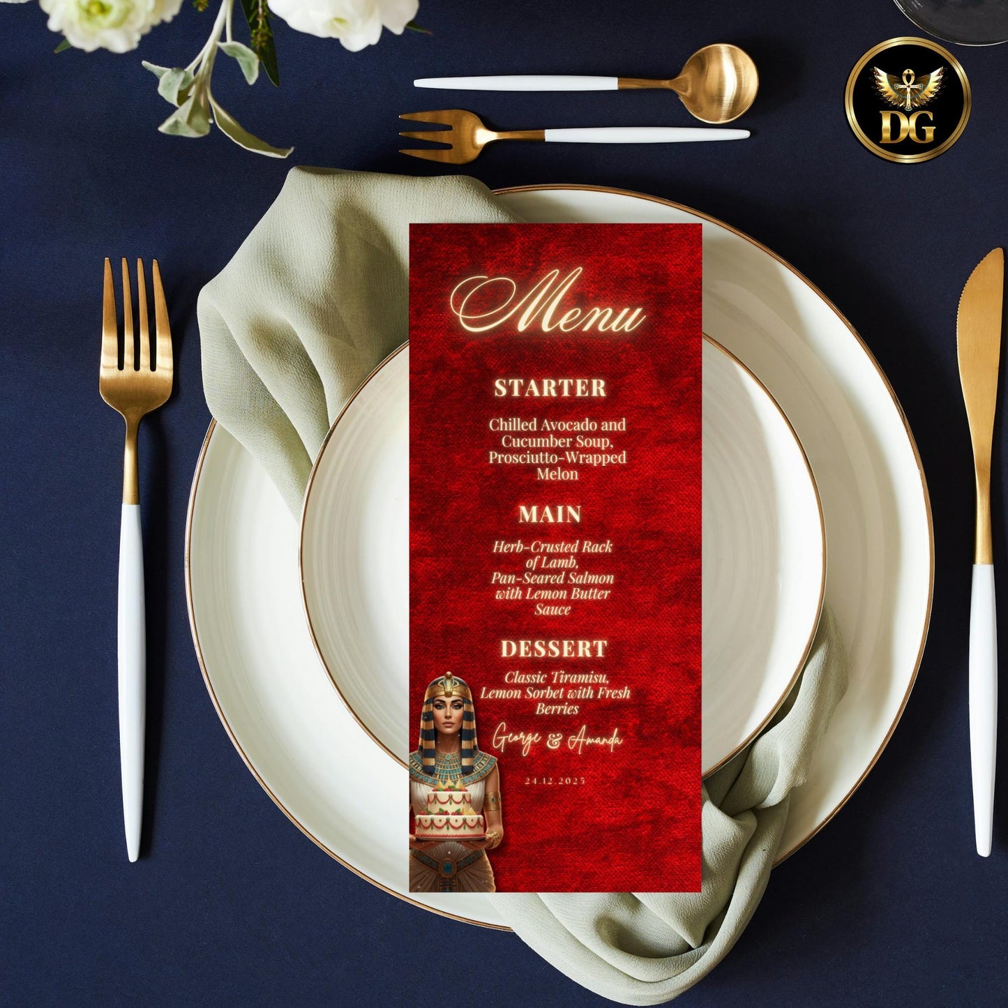 Red Velvet Pharaoh Christmas Party Bundle | Egyptian Queen Pyramid Cake | Gold Frame Holiday Invitation Set