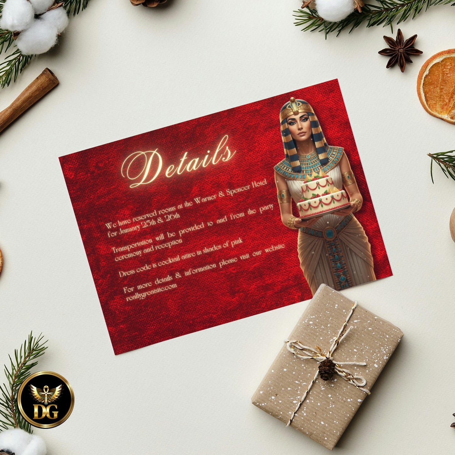 Red Velvet Pharaoh Christmas Party Bundle | Egyptian Queen Pyramid Cake | Gold Frame Holiday Invitation Set