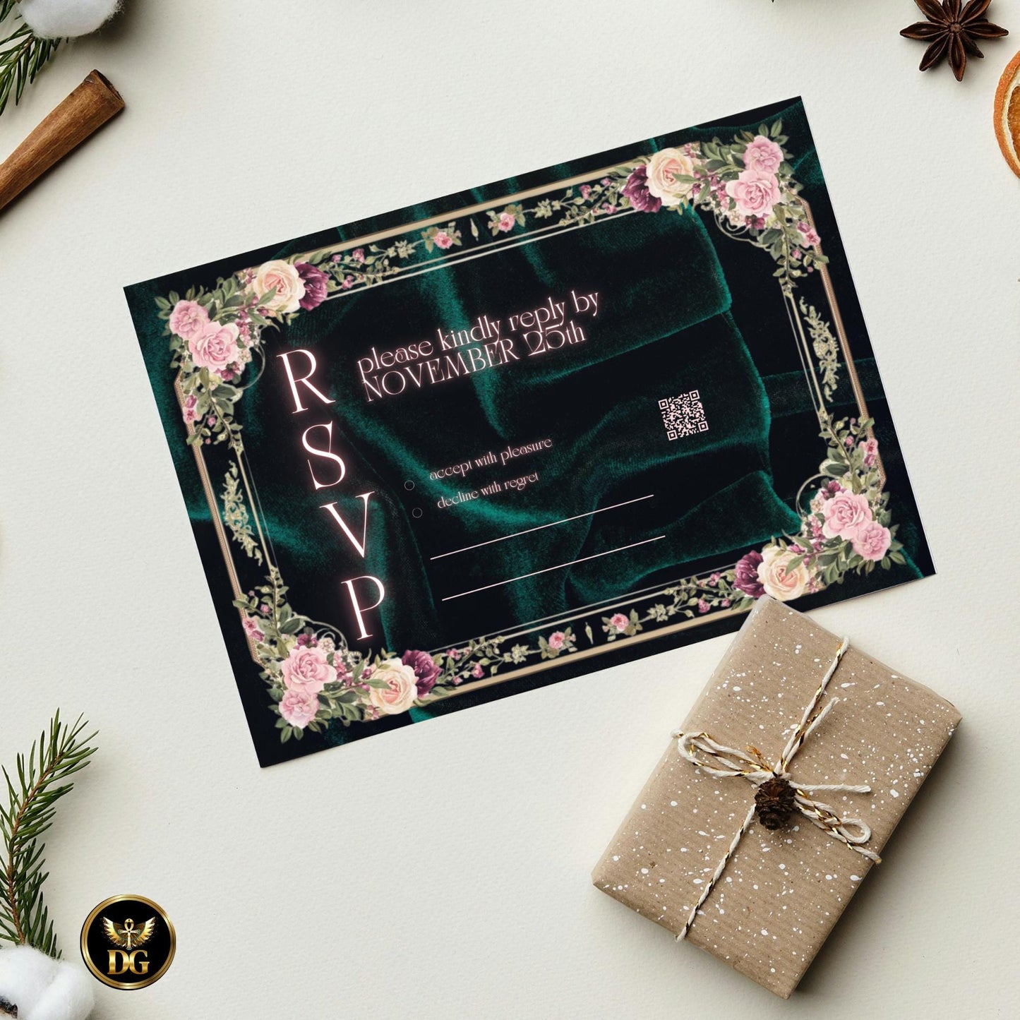 Emerald Velvet Wedding Invitation Suite | Luxury Floral Frame Canva Template | Elegant Green Velvet Wedding Set