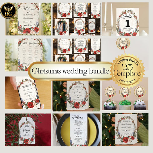 Ivory, Gold Christmas Wedding Bundle – 25 Editable Invitations, Menus, Signs & Stationery Templates